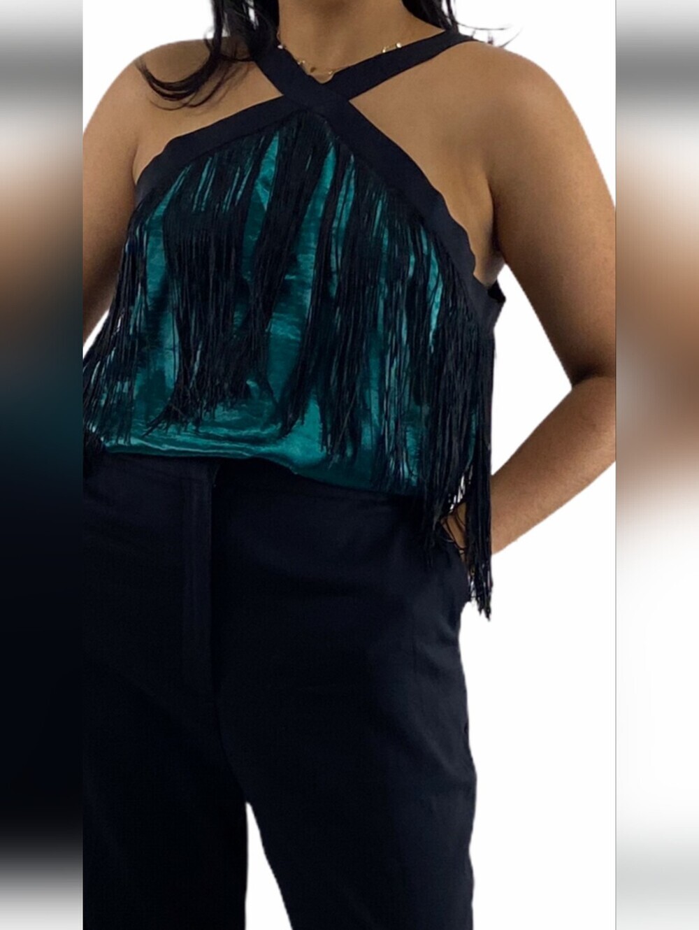 Libby Edelman Teal Satin Halter Top with Fringe Size L.
